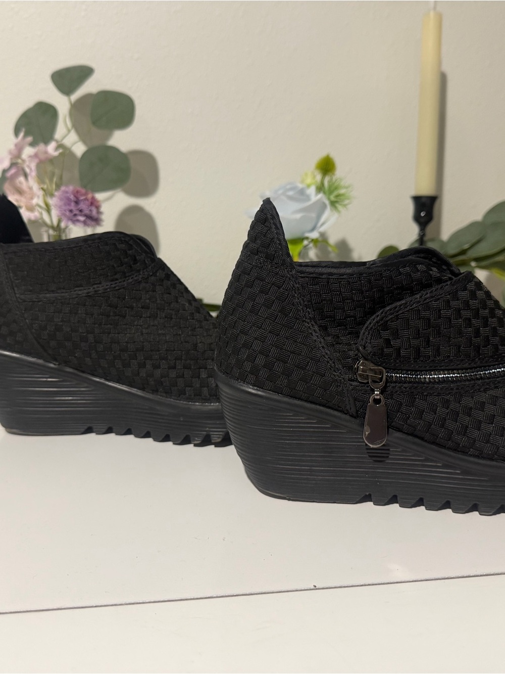 bernie mev. Black Woven Wedge Slip-On with Side Zip Detail